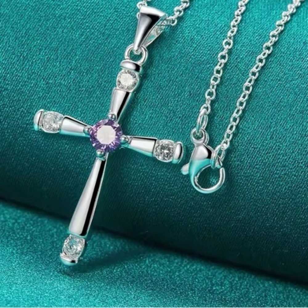 New Sterling Silver, Diamond and Amethyst Cross Necklace​